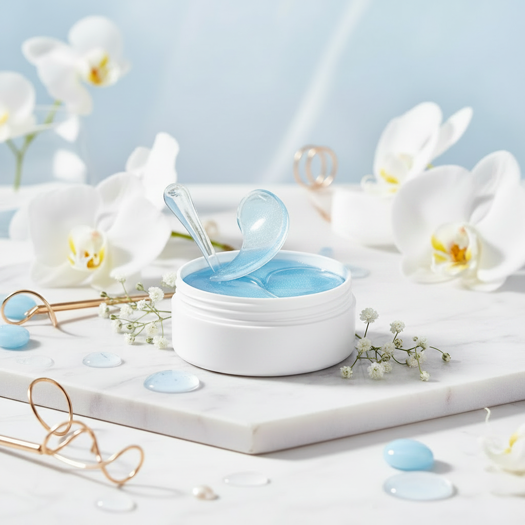 Open jar of hydrogel eye masks with white orchids on marble surface