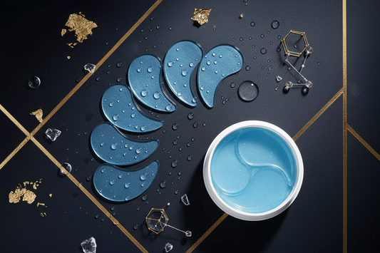 Hydrogel eye masks flat lay on dark marble surface with gold accents and water droplets