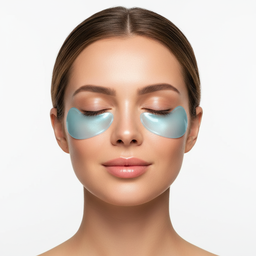 Model wearing blue hydrogel under-eye patches with eyes closed