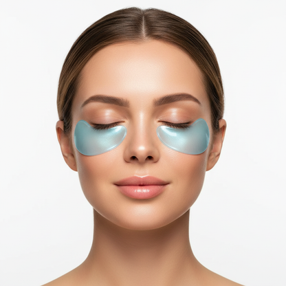 Model wearing blue hydrogel under-eye patches with eyes closed