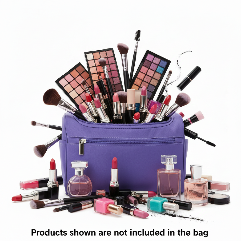 Purple busy cosmetics bag with updated disclaimer